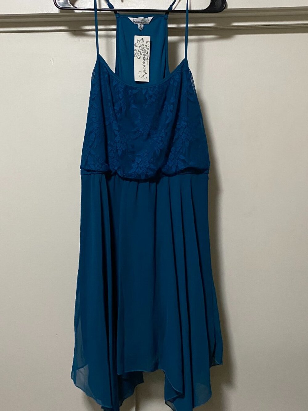 NWT - Speechless, dark teal evening gown w/lace top, asymmetrical bottom, size L
